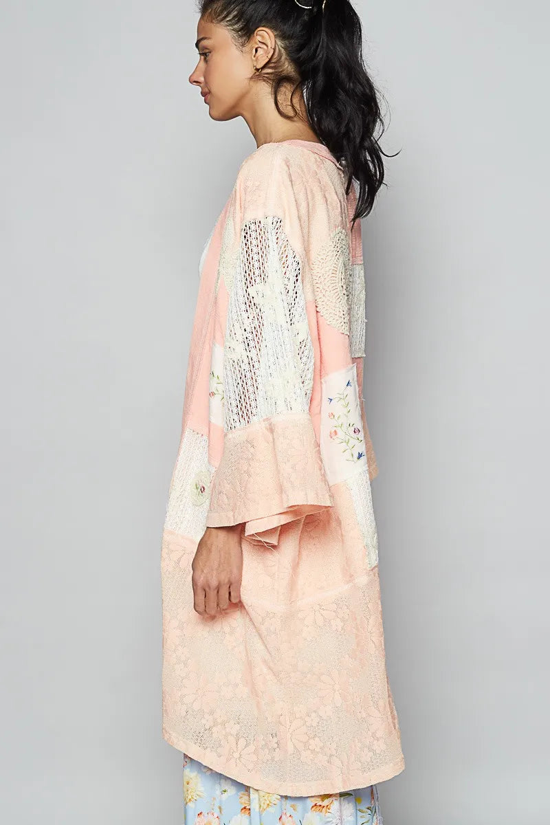 POL Double Gauze and Lace Mix Cardigan with Embroidered Detail - Fashorio