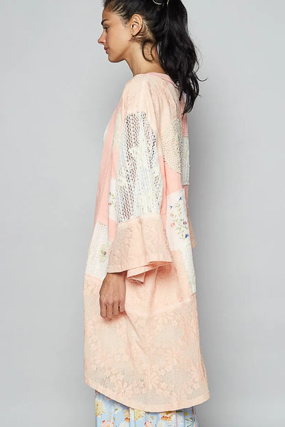 POL Double Gauze and Lace Mix Cardigan with Embroidered Detail - Fashorio