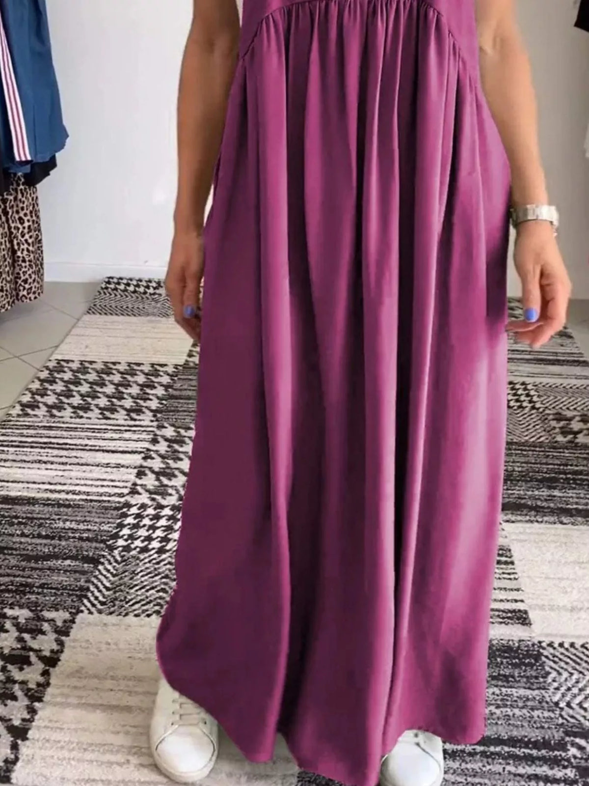 ruched wide strap overall maxi dress close up view