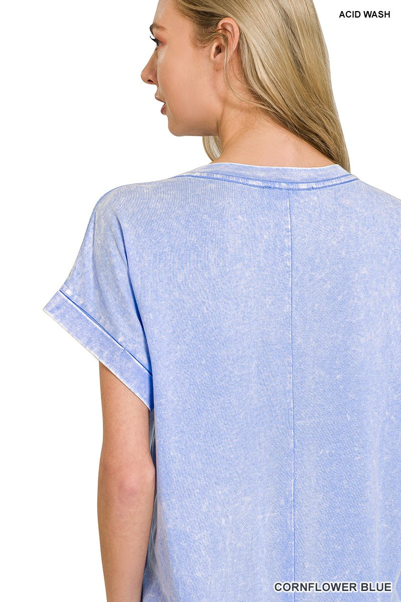 Washed Exposed Seam T Shirt Dress in Cornflower Blue side view