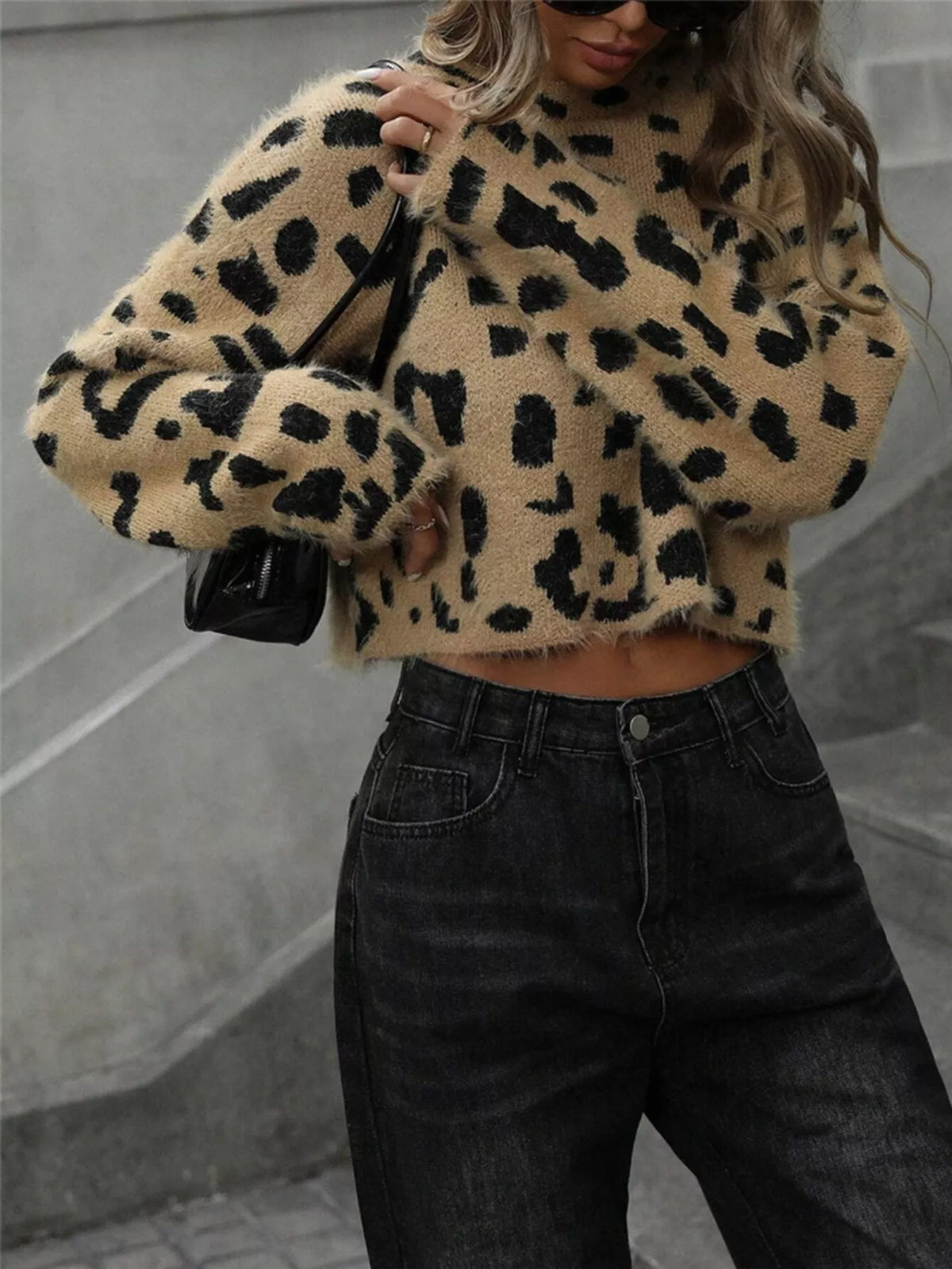 Leopard fuzzy knit cropped sweater front view