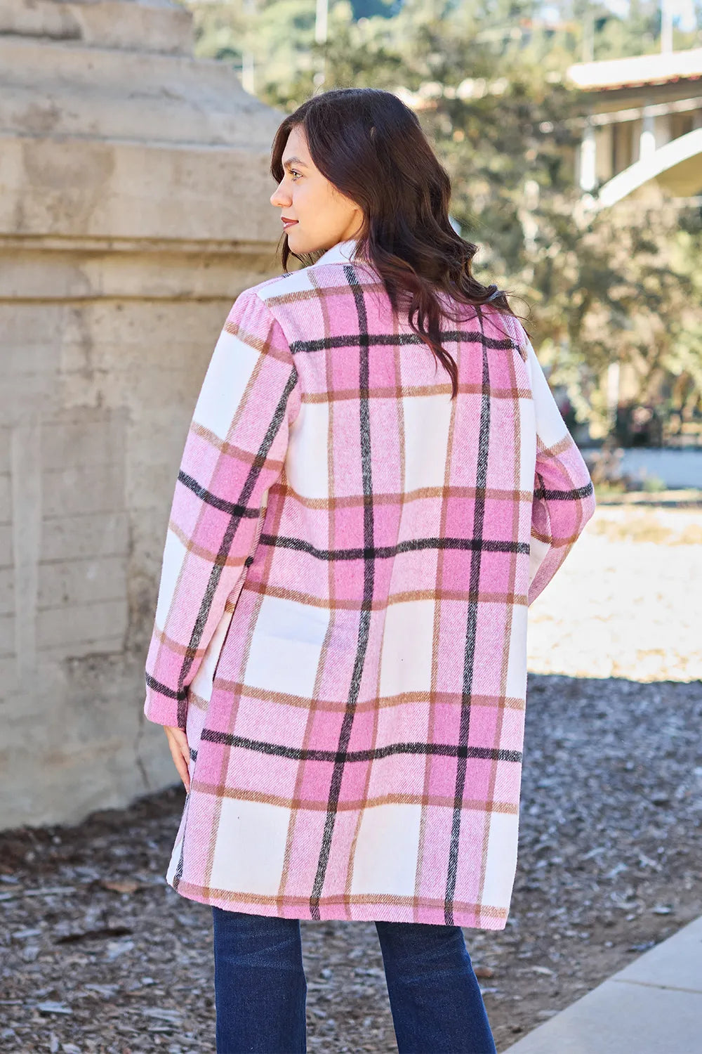 Double Take Full Size Plaid Button Up Lapel Collar Coat - Fashorio