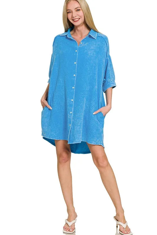 Washed Double Gauze Button Down Shirt Dress in Sky Blue styled look