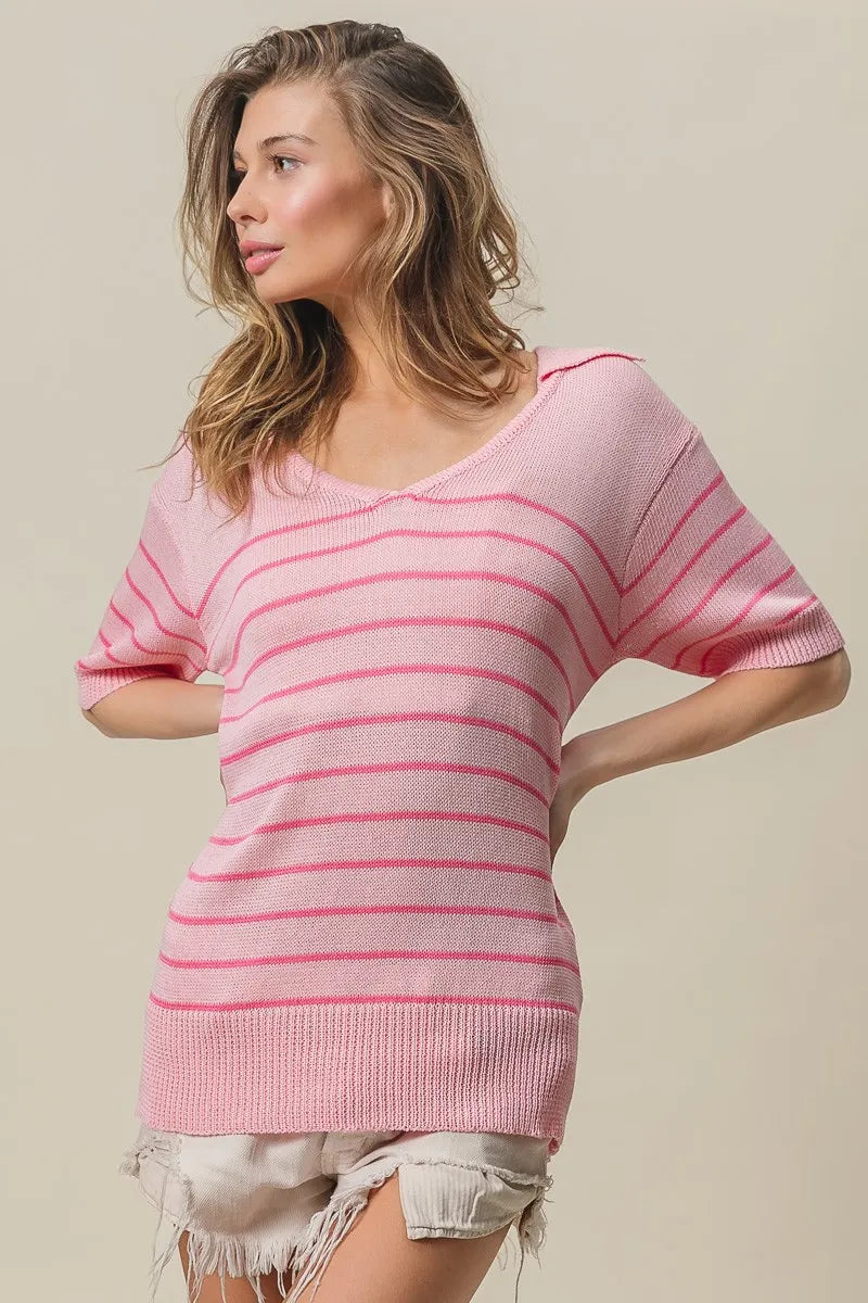 Striped knit V neck sweater collar detail
