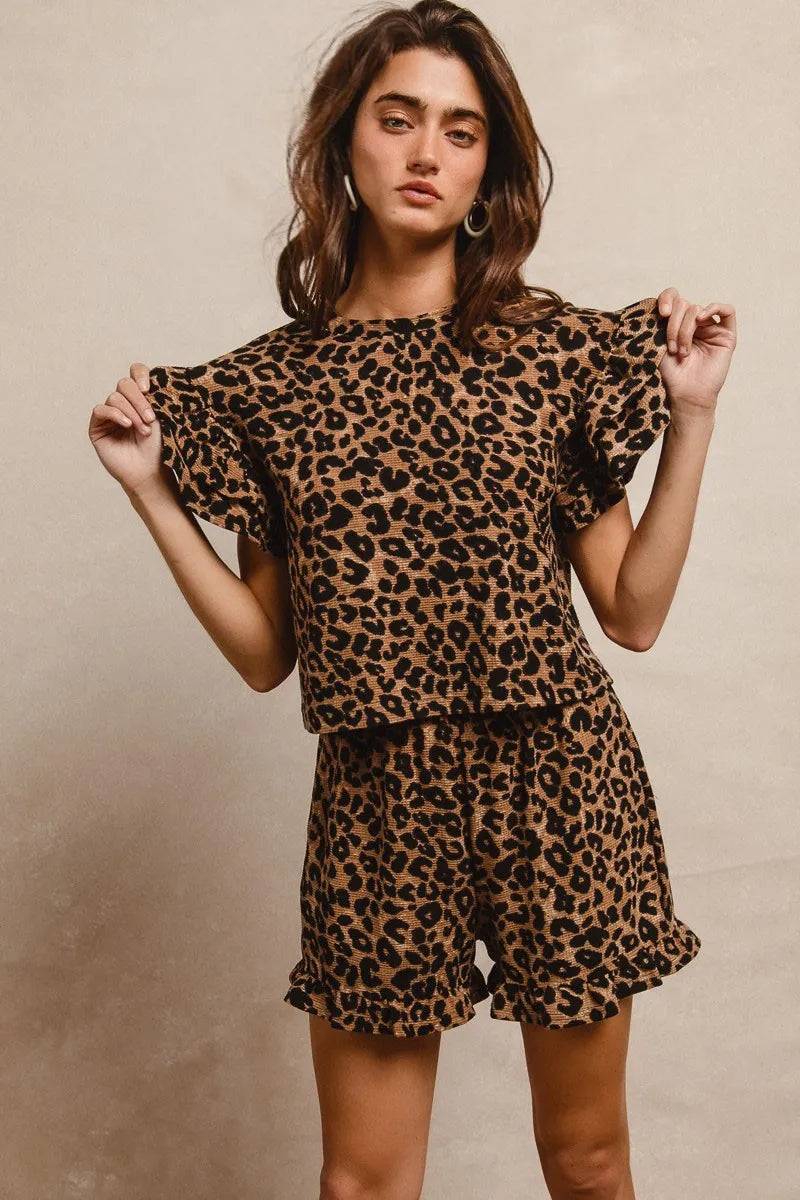 BiBi Leopard Print Waffle Texture Layered Ruffle Sleeve Top and Shorts Set - Fashorio