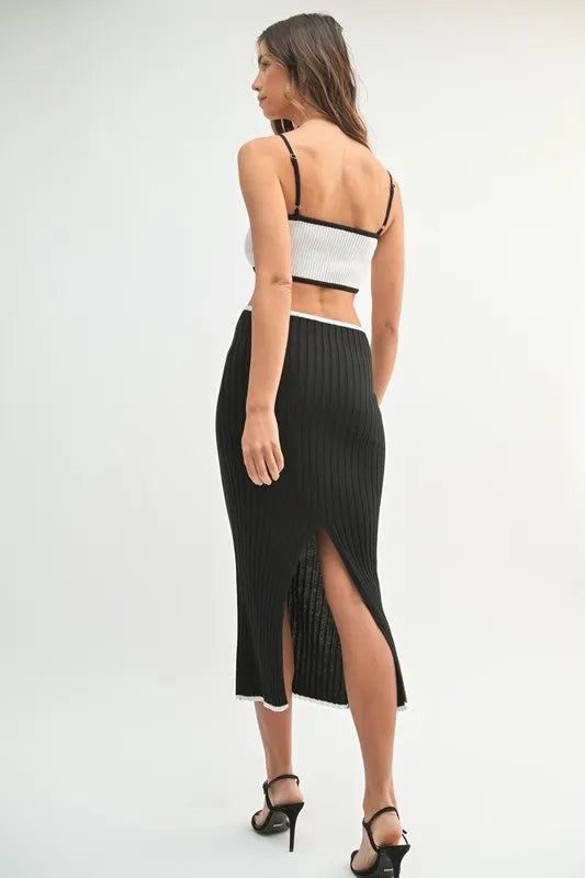Ribbed Knit Cut Out Color Block Midi Dress in Black view 7