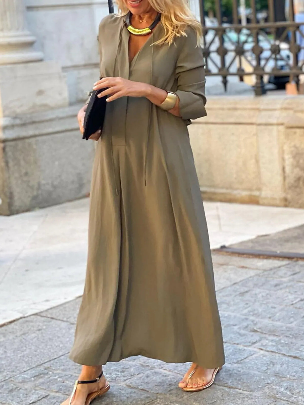 Solid maxi shirt dress close up
