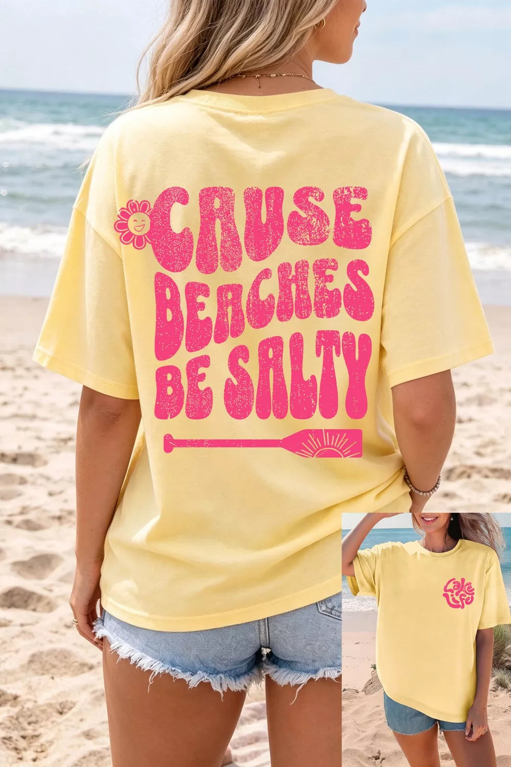 Pastel yellow slogan print round neck tee side view