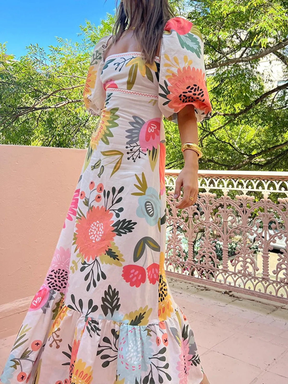 Floral maxi dress ruffle hem detail