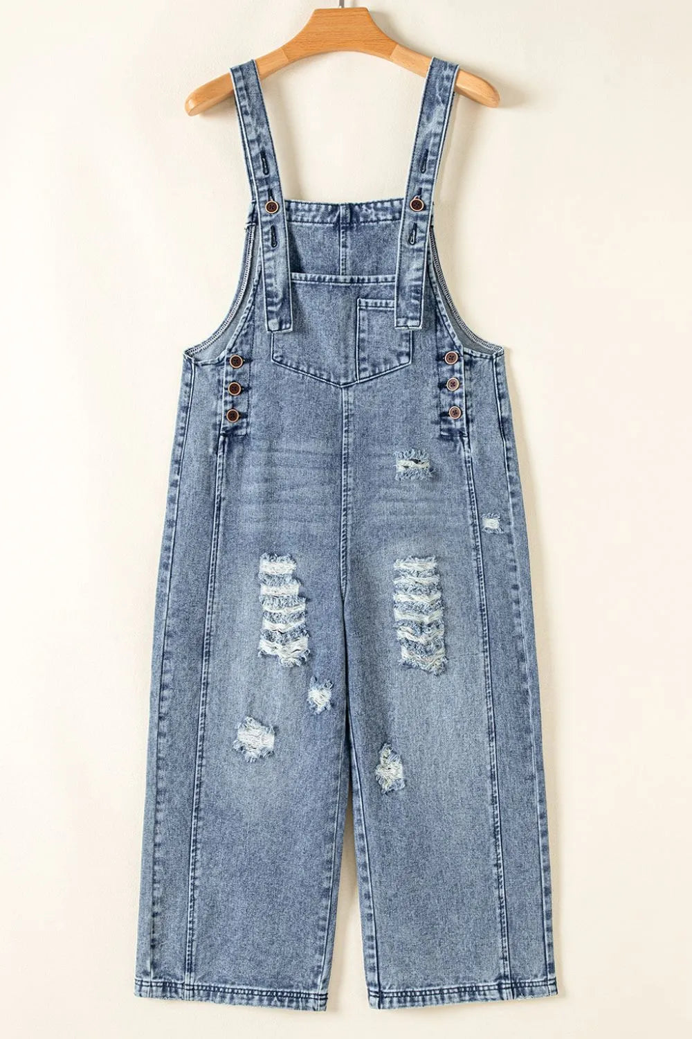 Distressed Bib Pocket Wide Leg Denim Overalls - Fashorio