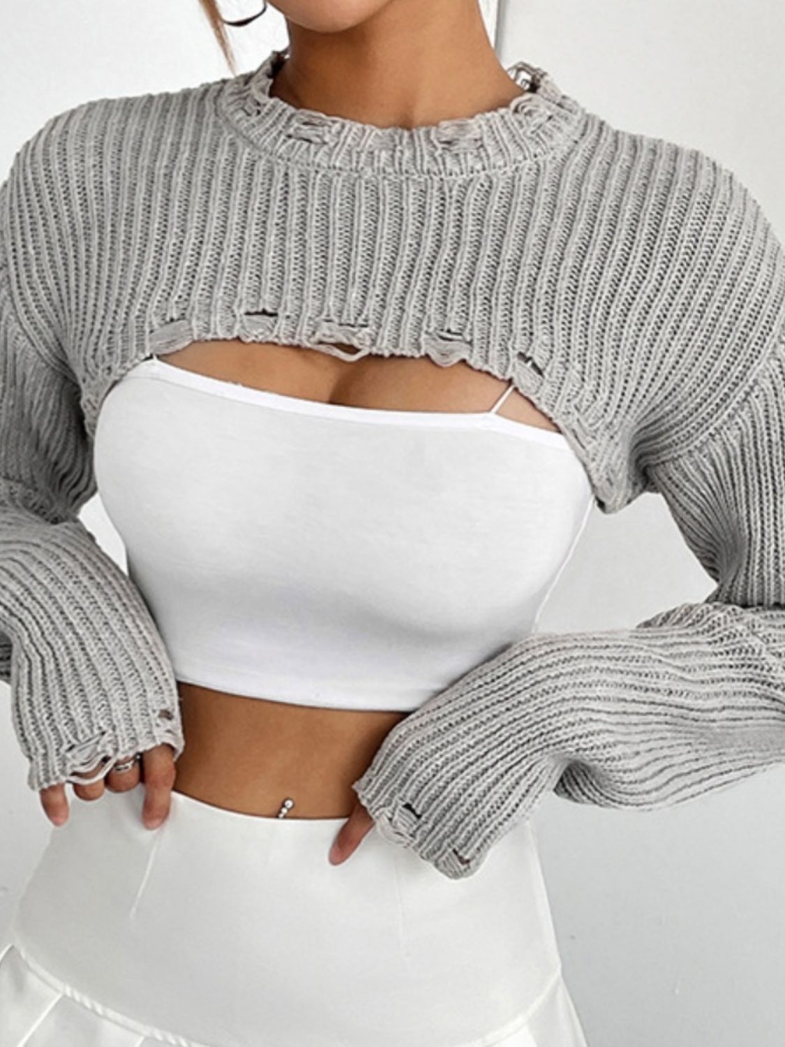 Distressed Long Sleeve Cropped Sweater - Fashorio