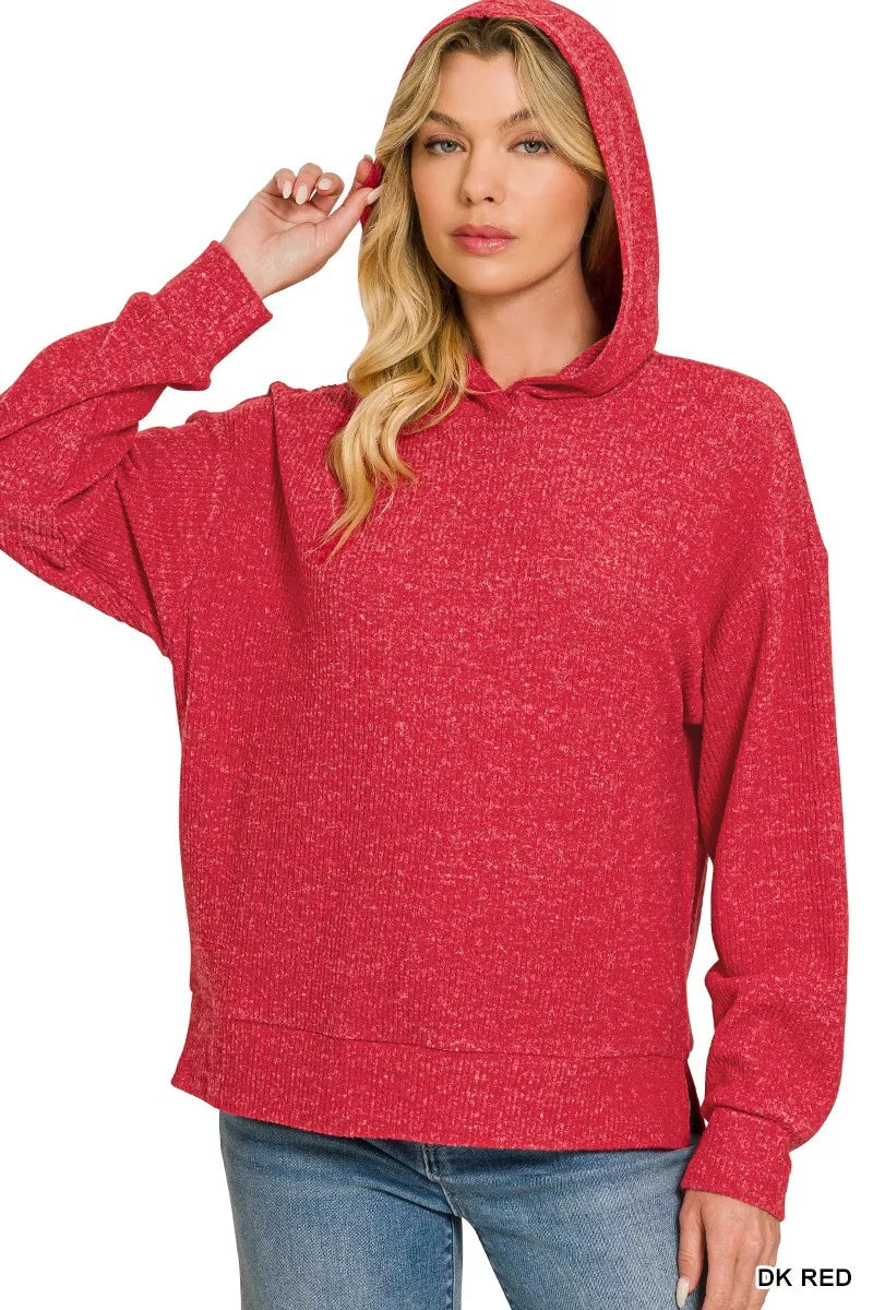 Side view of the relaxed fit hacci knit hoodie