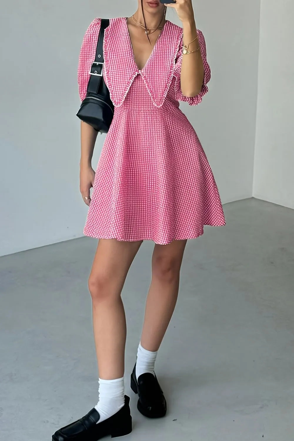 Gingham Puff Sleeve Mini Dress in Pink on model