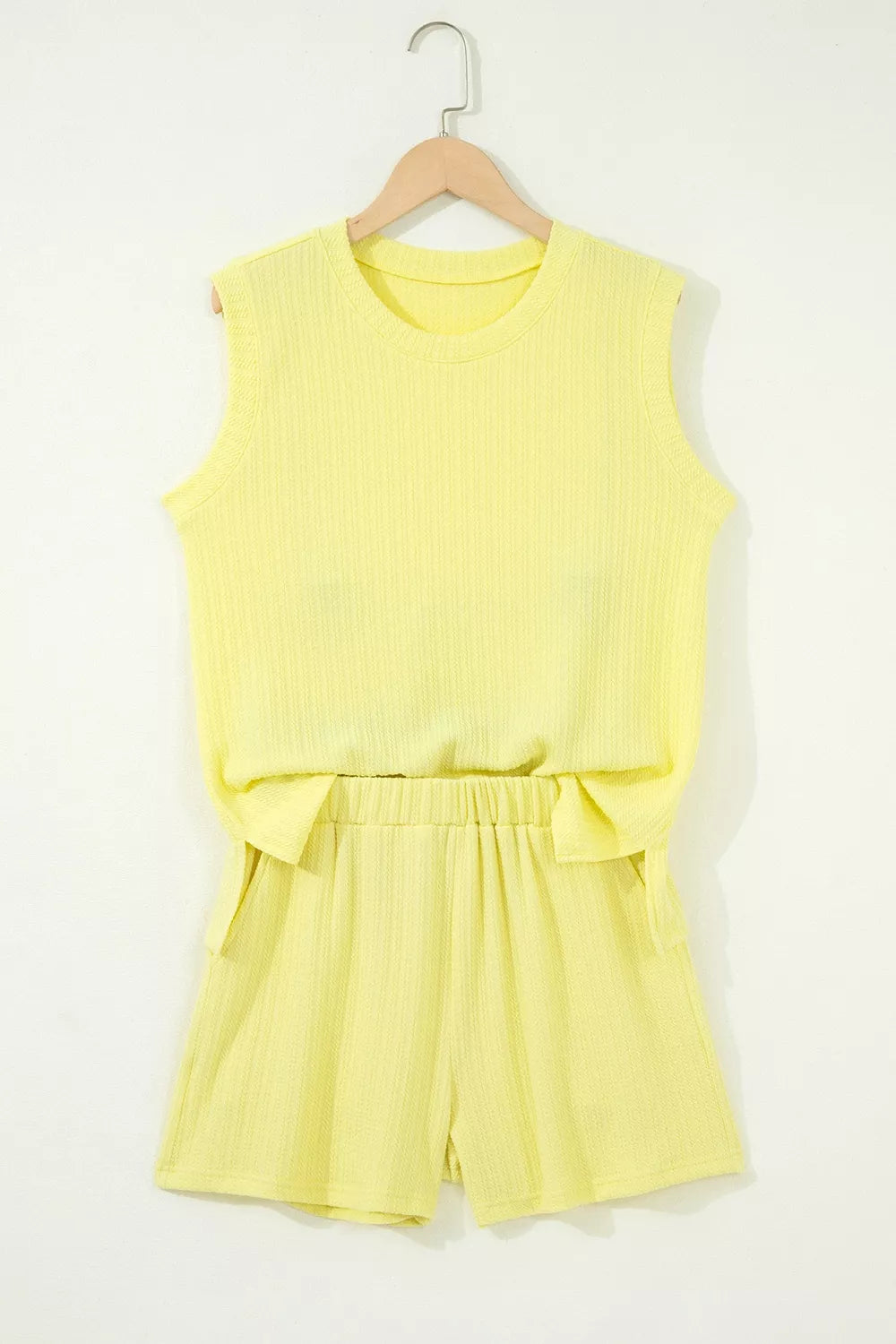 Coordinated pastel yellow tank and shorts side view