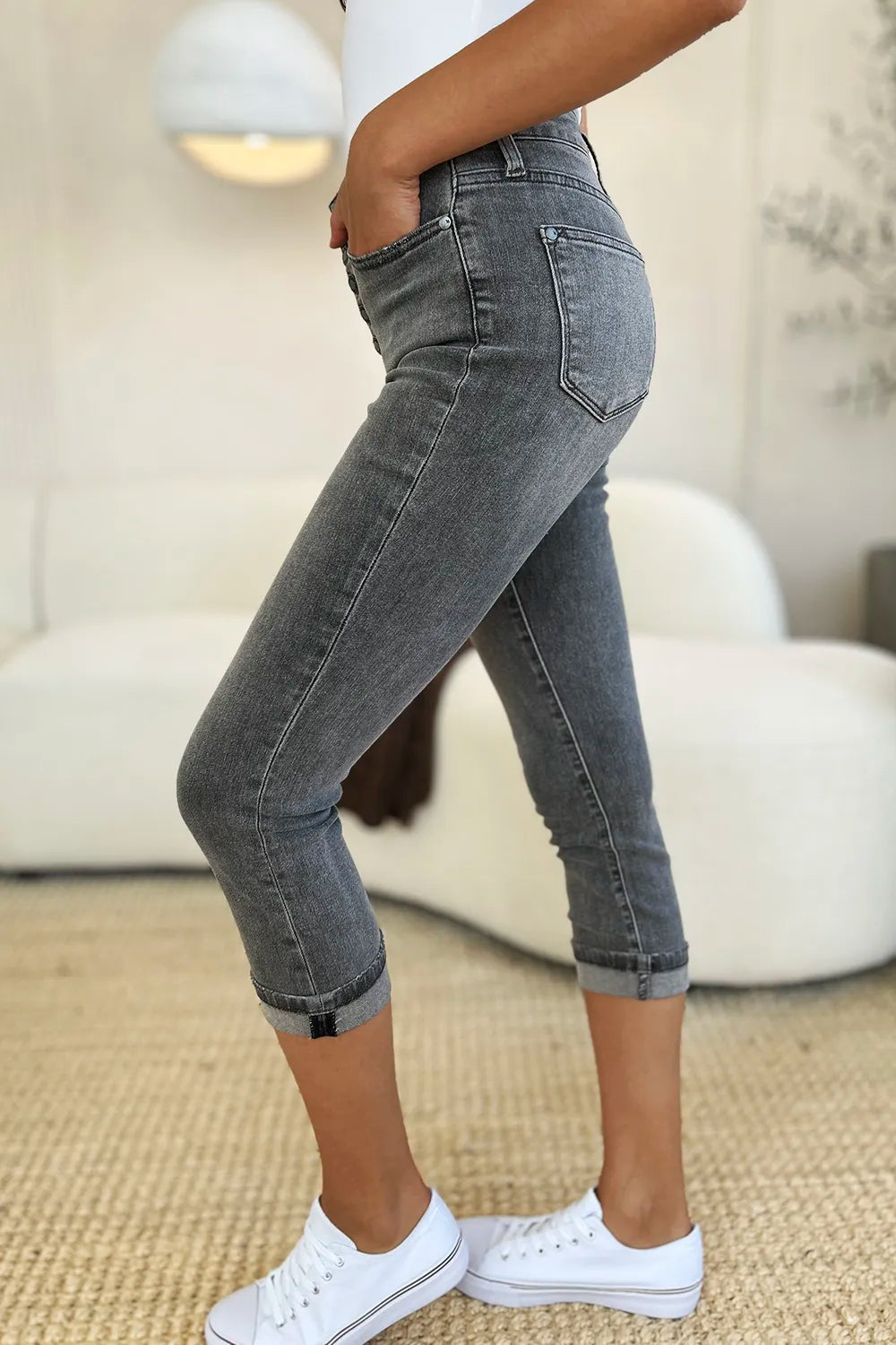 Judy Blue Full Size Button Fly High Waist Cuffed Capris - Fashorio