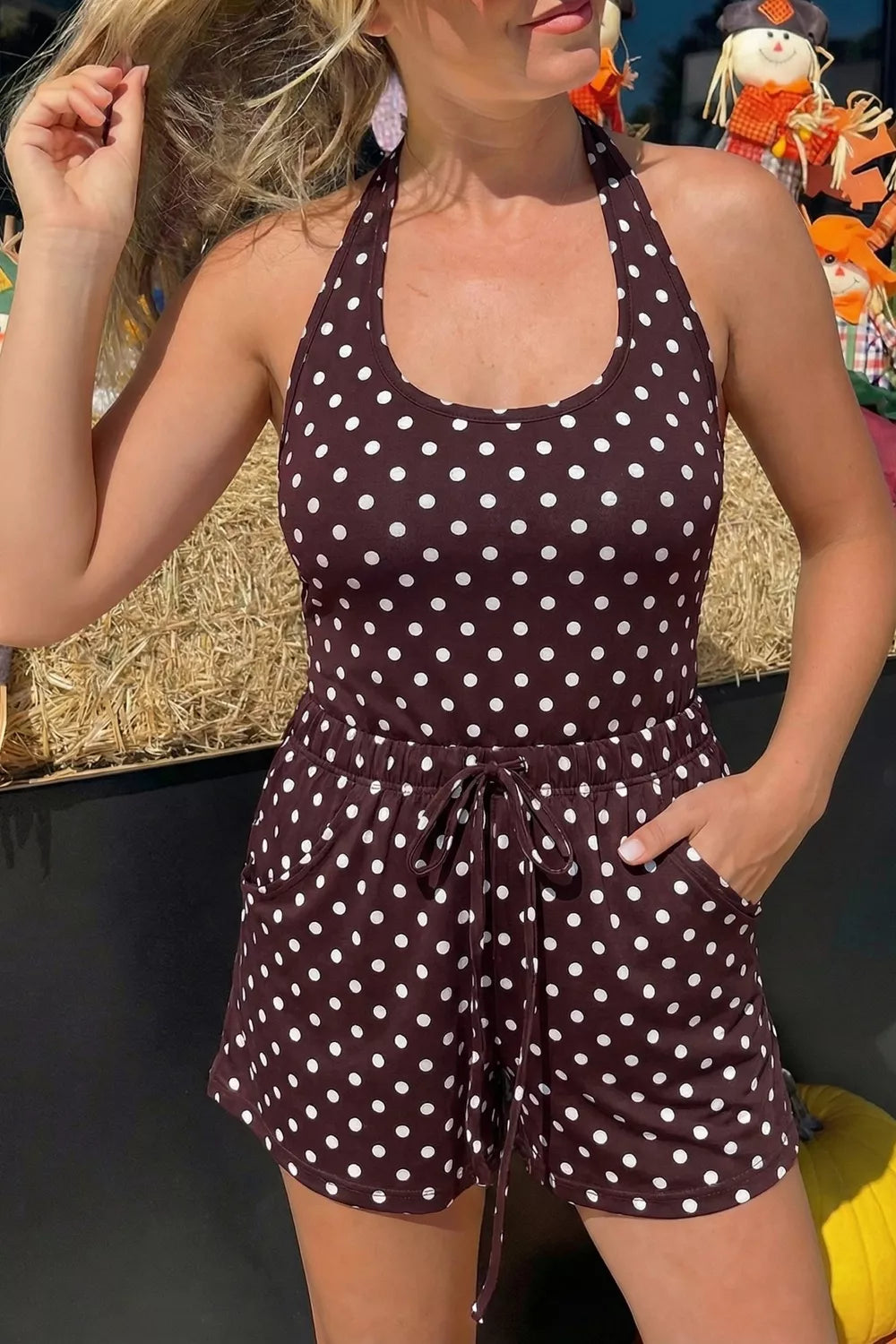 Polka dot halter tank and shorts two piece set dark brown front view