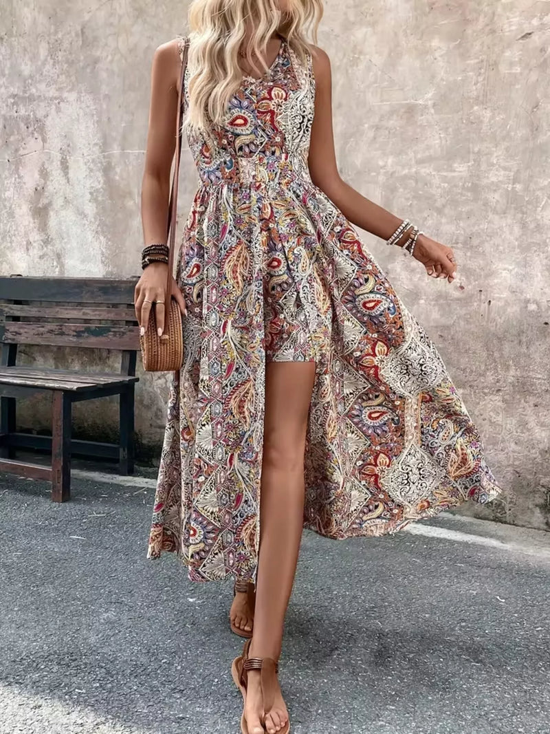 Paisley print sleeveless romper front view in tan