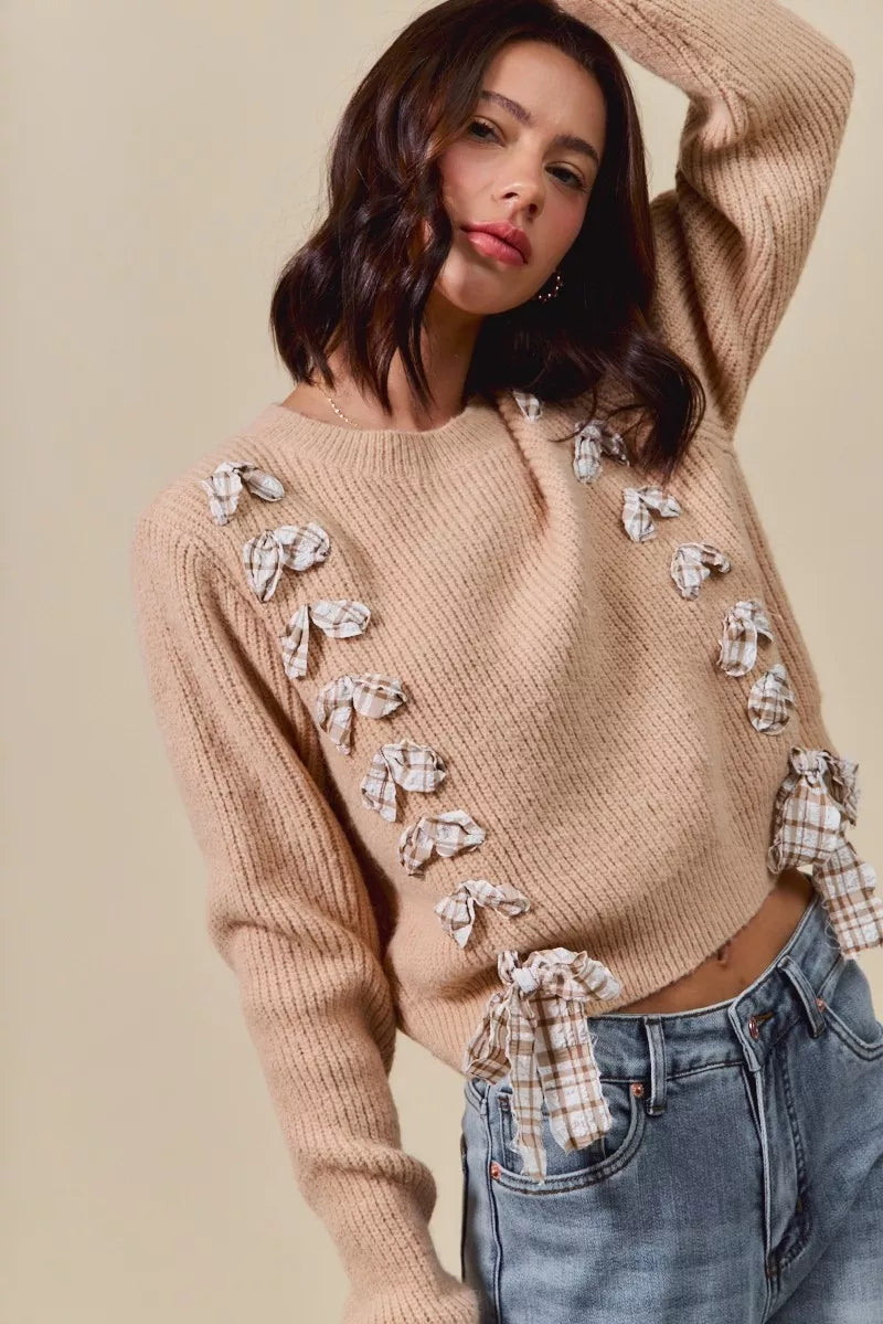 Checkered Plaid Lace Up Ribbed Sweater in Taupe back view