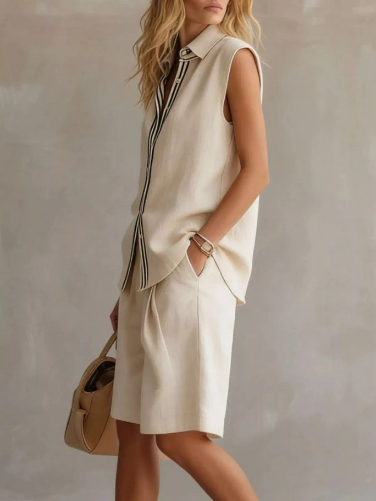 Sleeveless button up top and matching shorts coordinated set