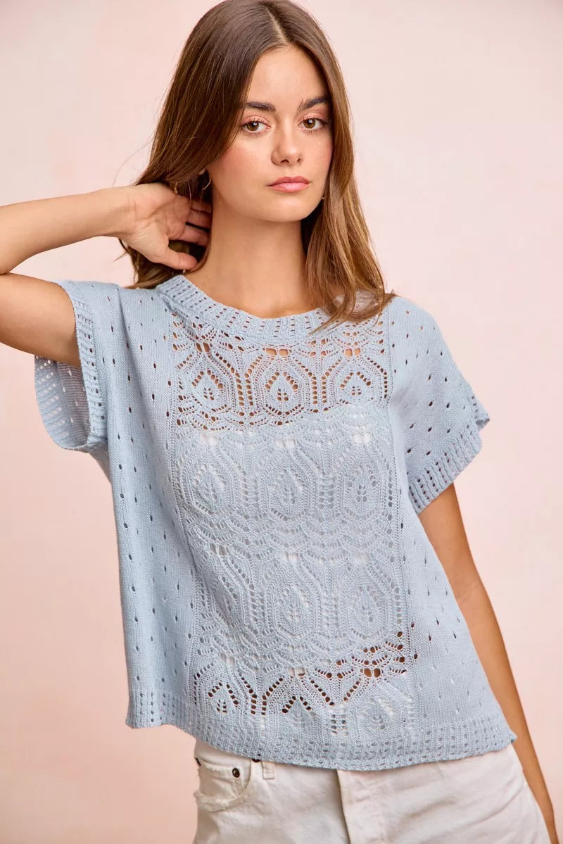 Washed Eyelet Short Sleeve Knit Top, view 17
