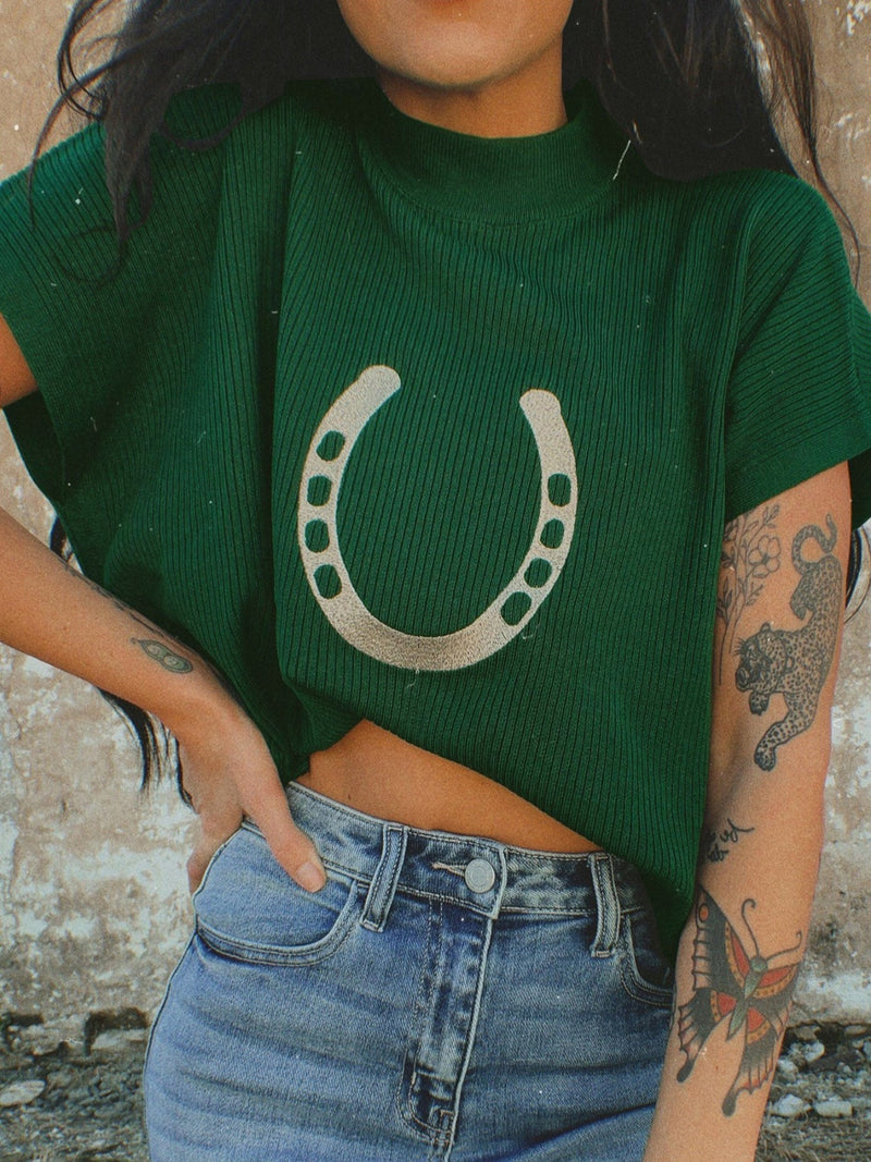 Dark green horseshoe graphic short sleeve sweater front view