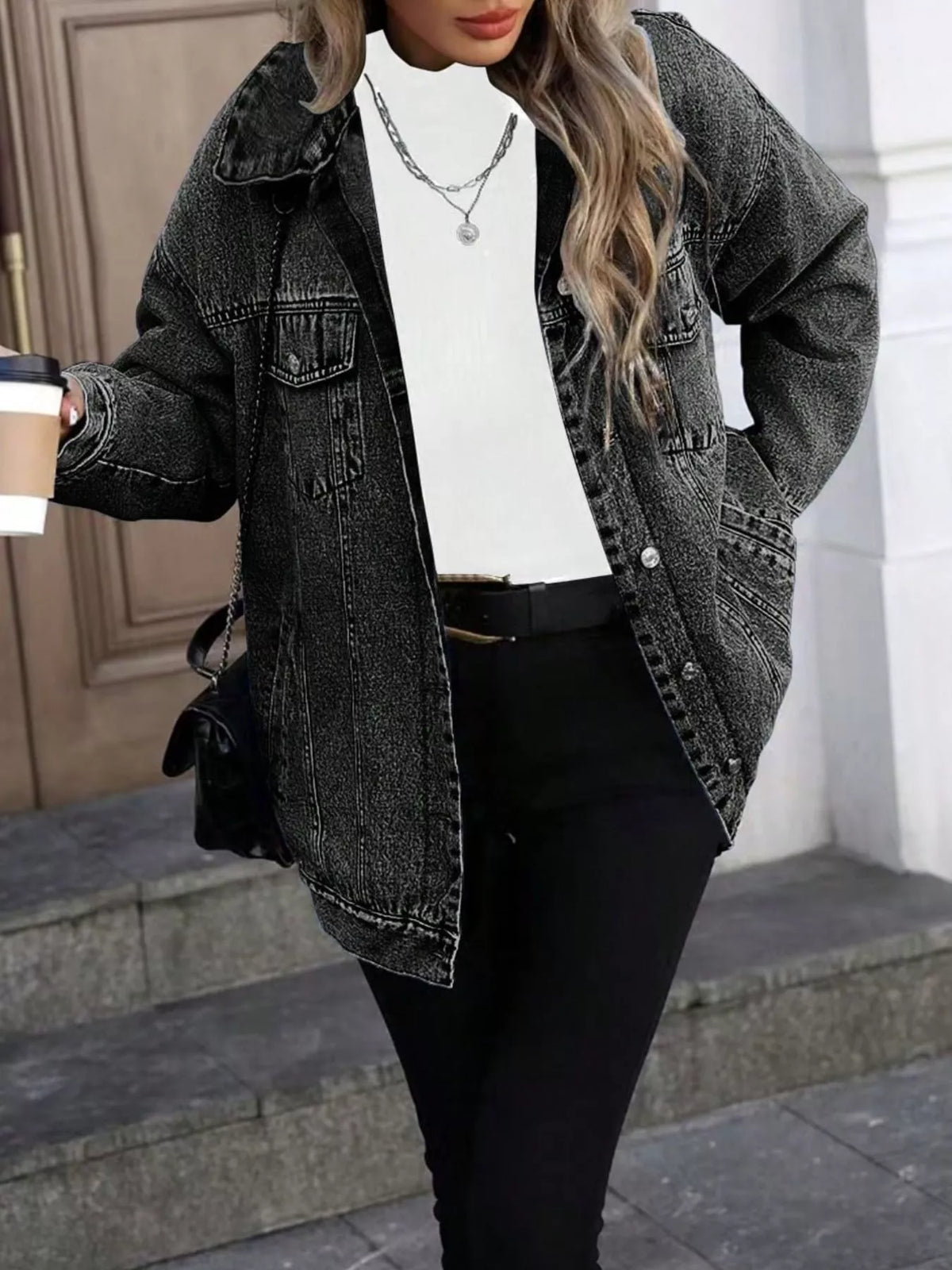 Washed Oversized Denim Jacket in Gray styled look