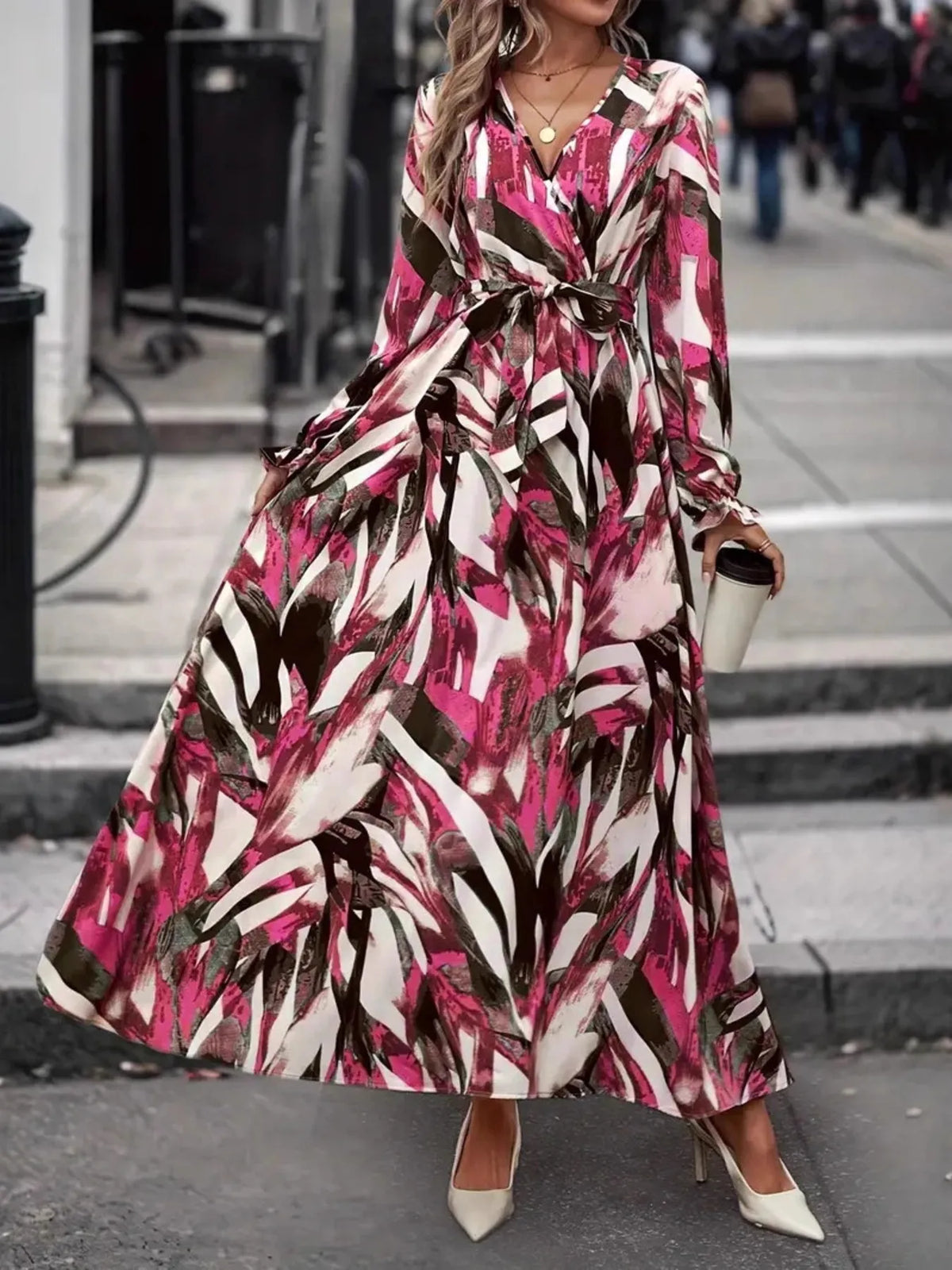 Printed surplice long sleeve maxi dress, shoulder and sleeve detail
