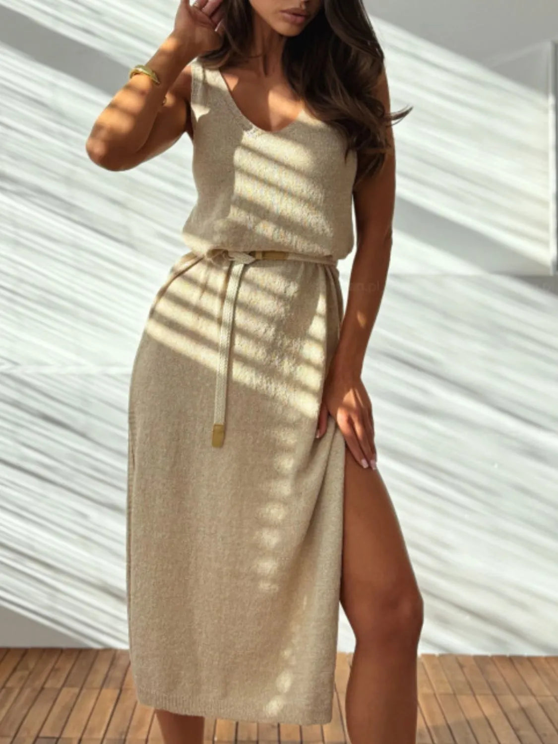 Slit V-Neck Sleeveless Sweater Dress - Fashorio