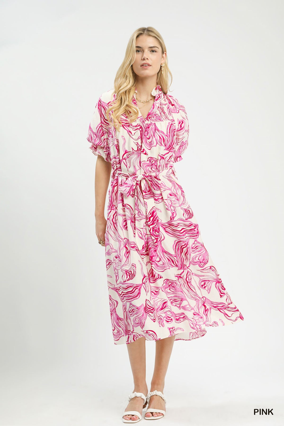 Abstract Print Smocked Tie Waist Midi Dress styled look