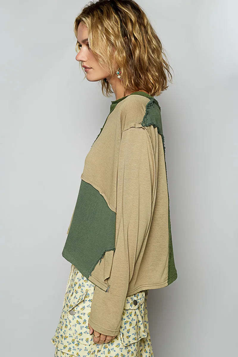 POL Color Block Notched Long Sleeve T-Shirt - Fashorio