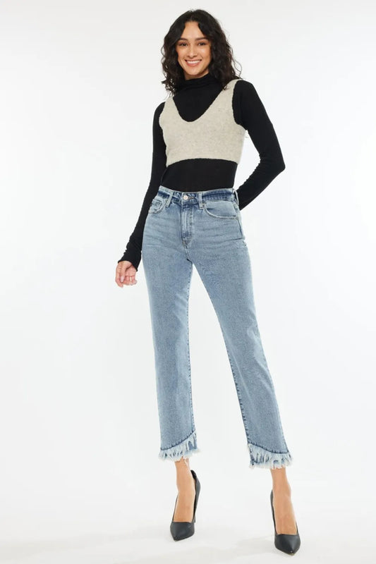 Kancan Raw Hem High Rise Straight Jeans Medium - Fashorio