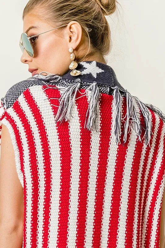 BiBi American Flag Fringe Edged Sweater Vest - Fashorio