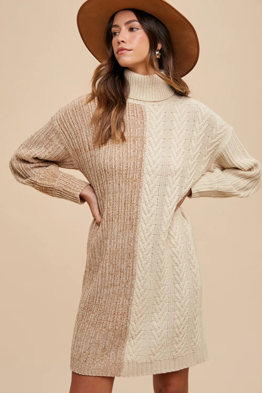 Color Block Turtleneck Sweater Dress in Taupe styled look