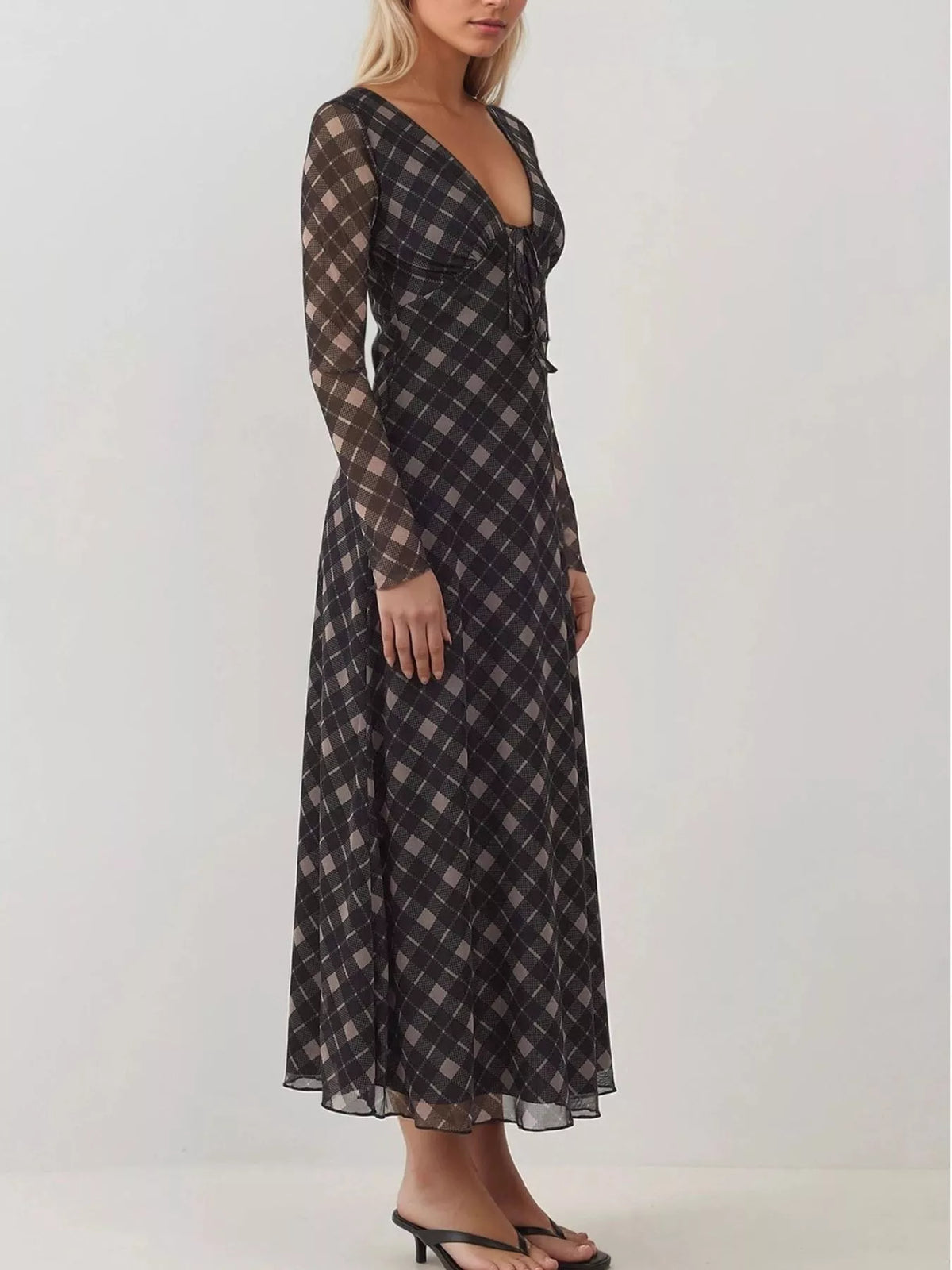 Plaid Tie Front Long Sleeve Dress side view