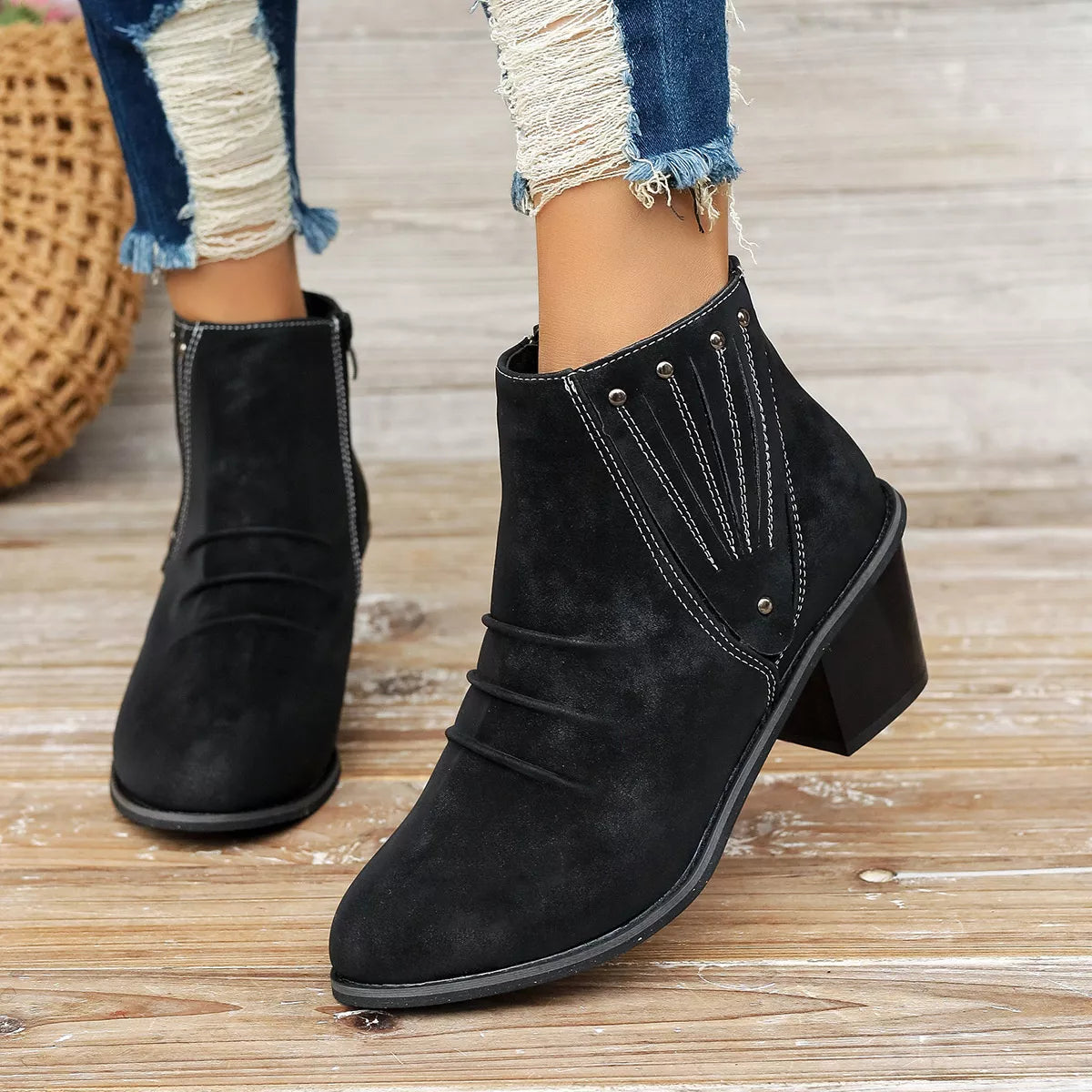 Suede point toe block heel boots upper detail