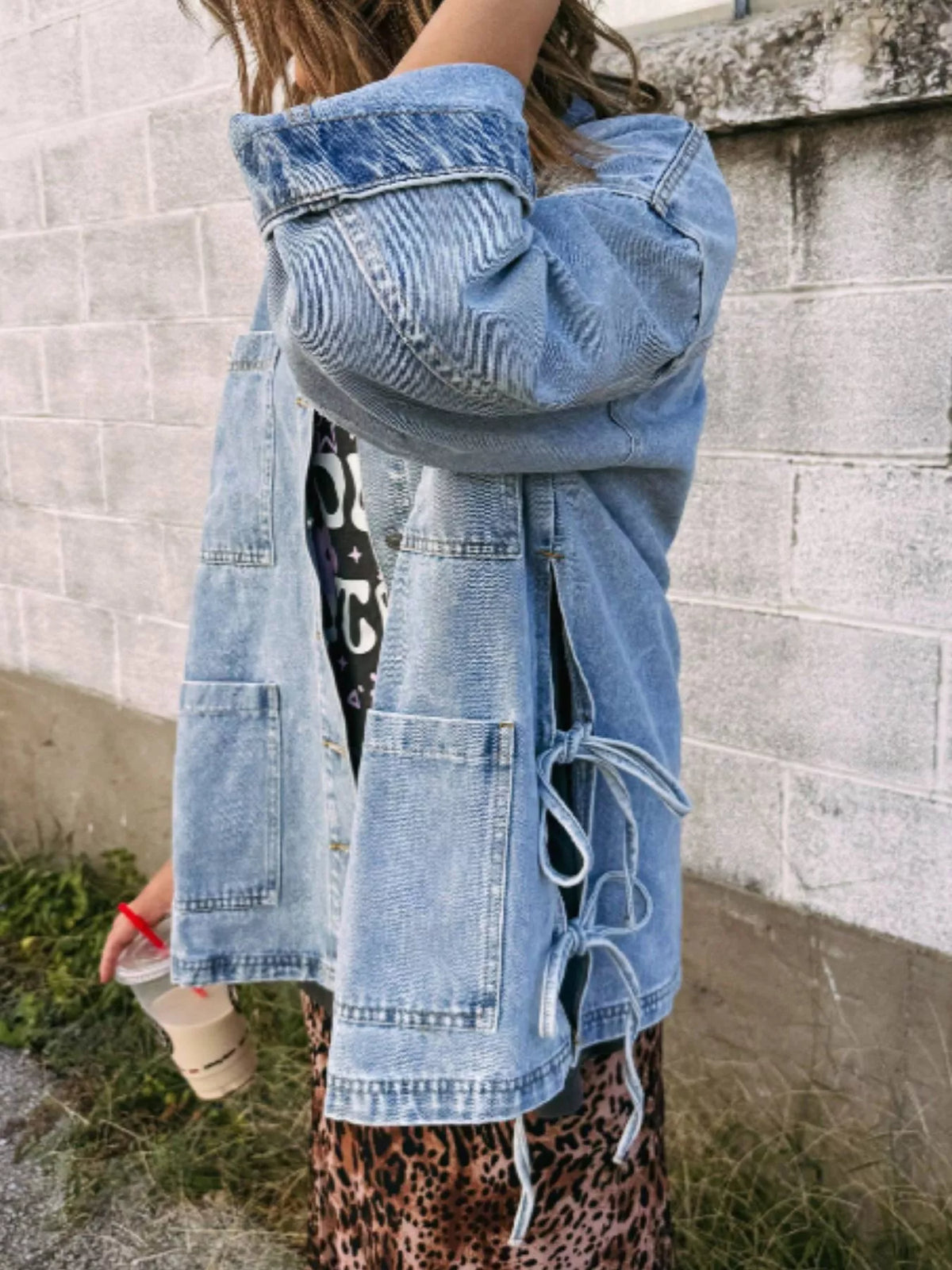 Patch Pocket Side Tie Denim Jacket in Medium Wash detail