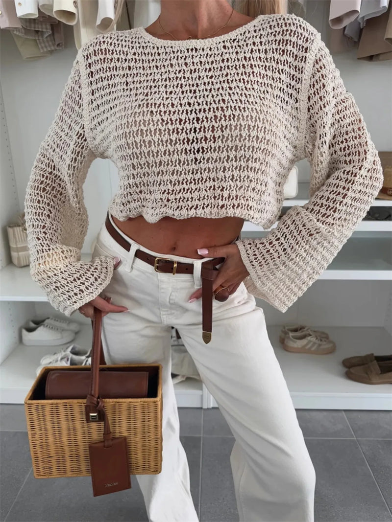 Openwork round neck knit cover up front view