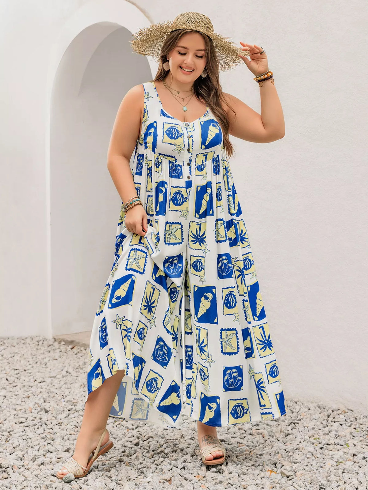 Blue nautical print sleeveless jumpsuit front view