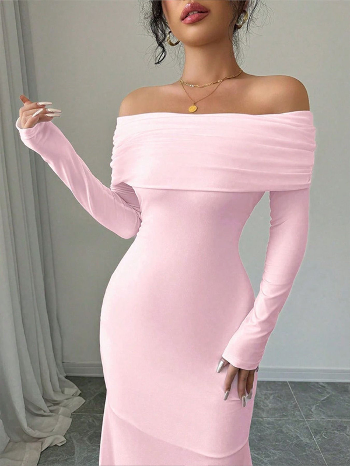 Off shoulder long sleeve bodycon maxi dress styling view