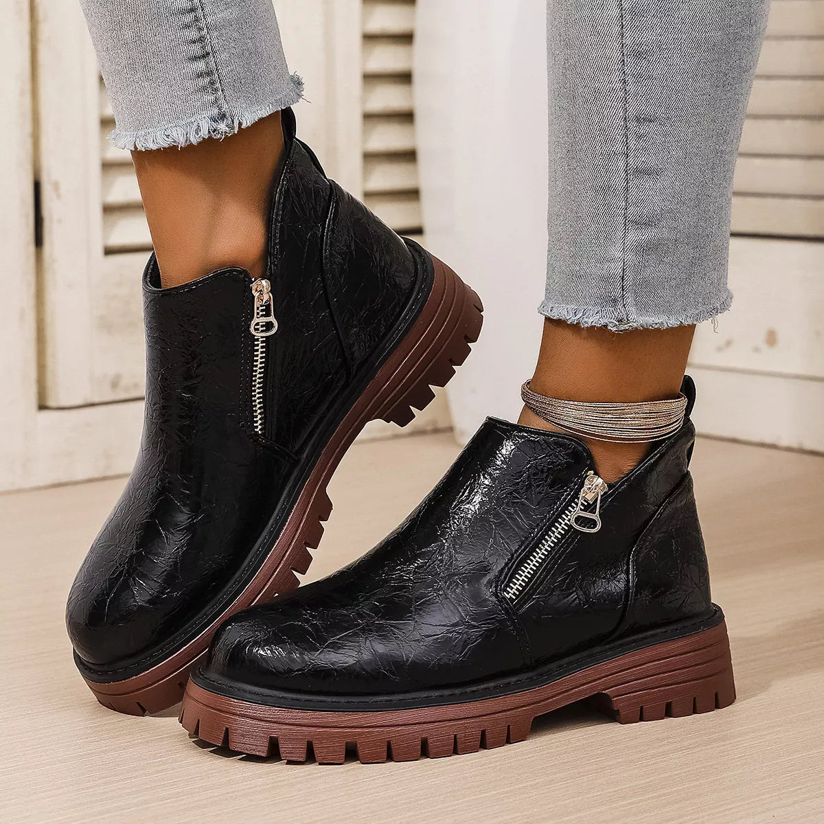 black round toe block heel boots angled pair view