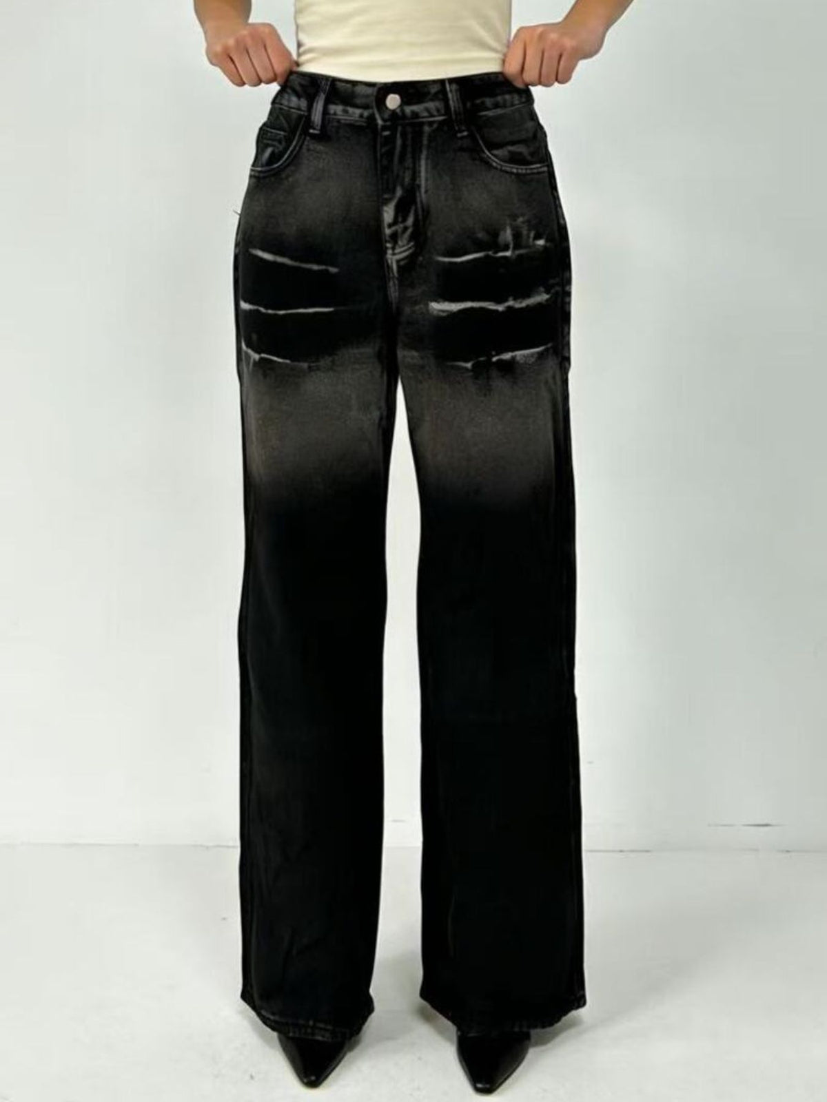 Womens washed wide leg denim back view