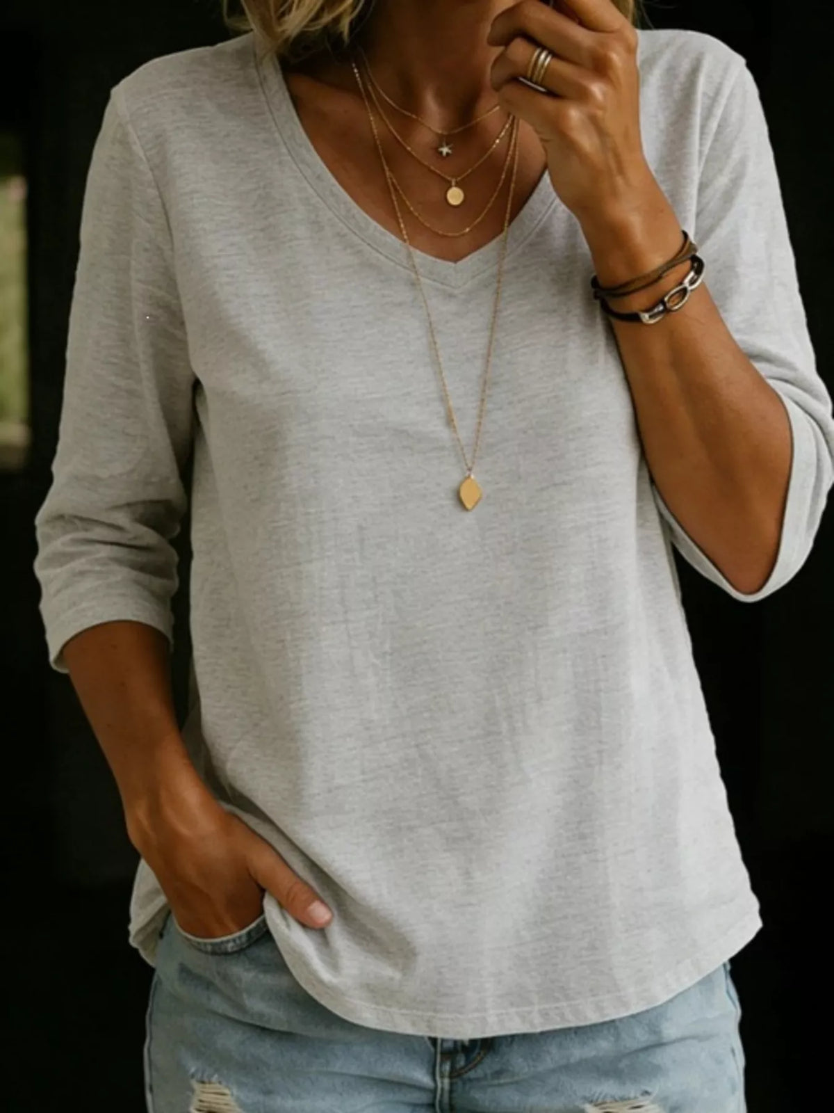Green v neck tee for women, front view