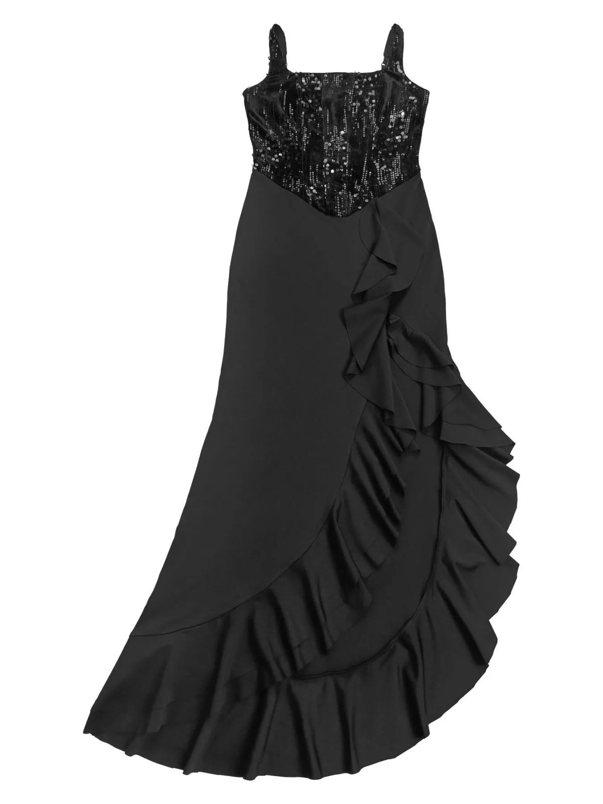 Sequin ruffle hem maxi dress, back view
