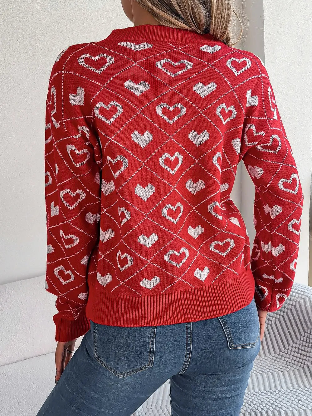 Heart Pattern V-Neck Long Sleeve Sweater - Fashorio