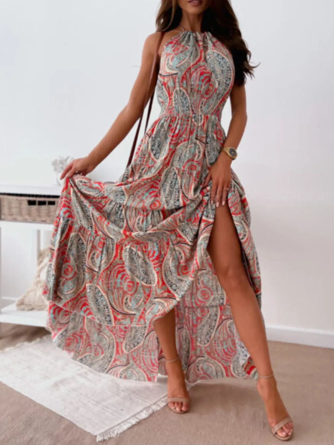Printed halter neck backless maxi dress, styled look