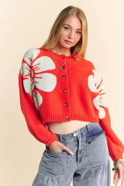 Davi & Dani Flower Contrast Round Neck Long Sleeve Cardigan Orange - Fashorio