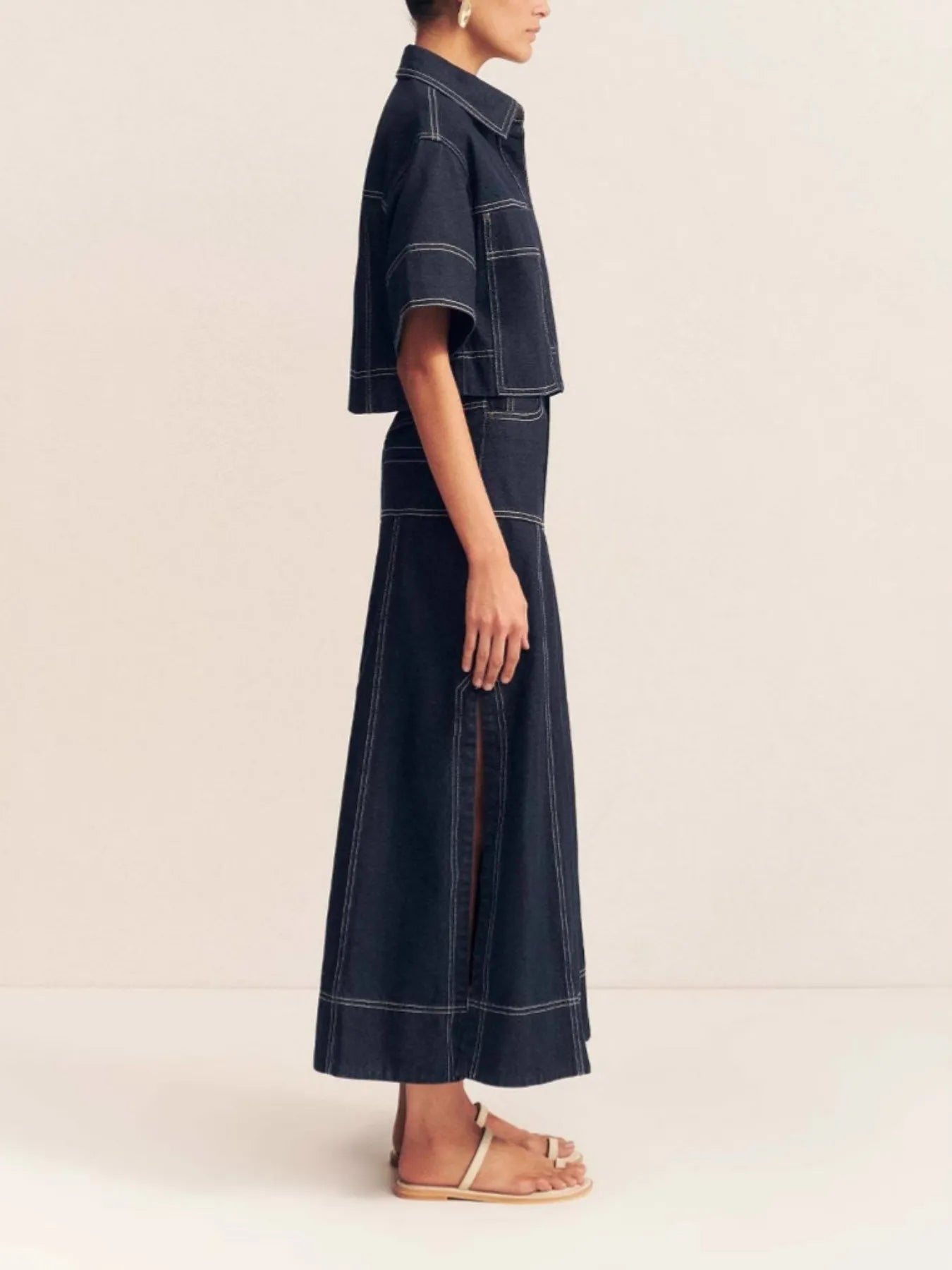 High-Waist Side Slit Contrast Stitch Denim Maxi Skirt - Fashorio