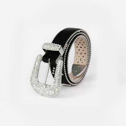 PU Leather Inlaid Rhinestone Belt Black - Fashorio
