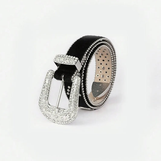 PU Leather Inlaid Rhinestone Belt Black - Fashorio