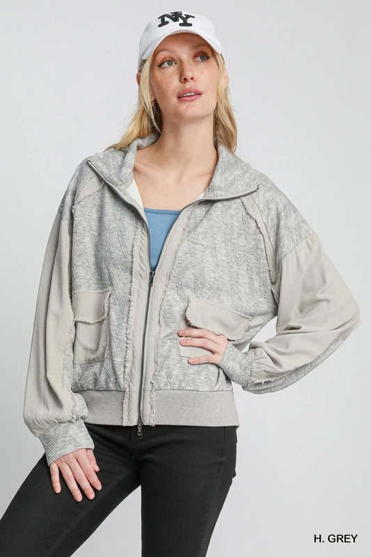 Umgee Two-Way Jacquard Zip-Up Jacket – Stylish Lightweight Layering H. GREY - Fashorio